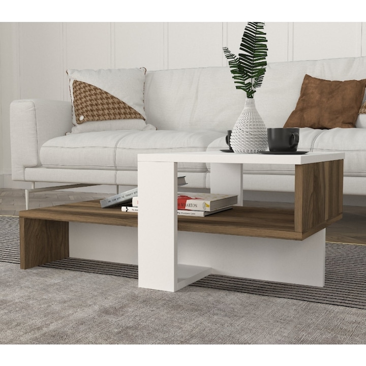 Masa de Cafea UnicUtil®, 80 x 43.6 x 32.6 cm, Cu 2 Niveluri Pentru Depozitare Reviste, Carti sau Obiecte Decorative, Ideala Pentru Living Modern, Dormitor sau Hol, Structura Stabila din PAL, Design Elegant si Functional, Culoare Alb si Maro