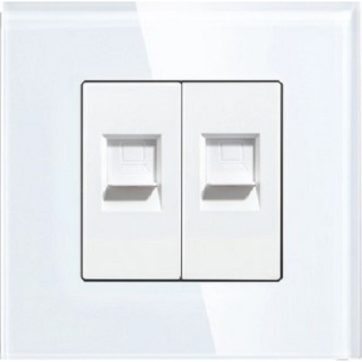 Контакт за интернет LUX-ON, Двоен, 2x1/2 модул Cat5 RJ45, С кристална рамка, Бял
