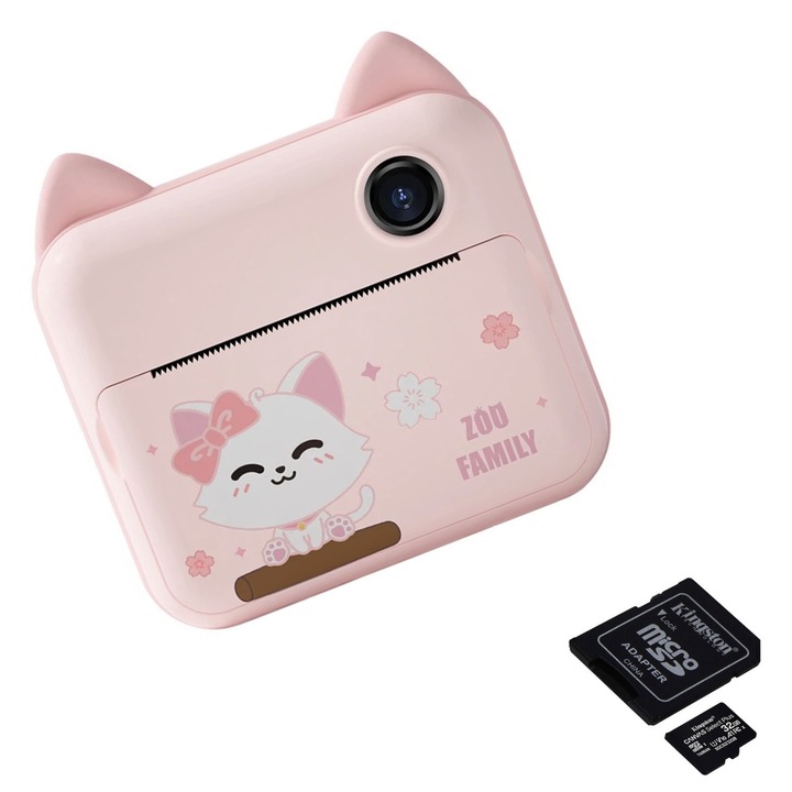 Camera foto-video digitala pentru copii, THD Pixels P1 Wifi, imprimanta termica, rezolutie 12 megapixeli, card 32 GB inclus, roz