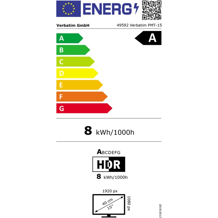 Monitor Portabil Touchscreen LED IPS Verbatim, 15.6'', Full HD (1920x1080), 6ms, HDR, FreeSync, 2x USB-C, HDMI, USB, PMT-15