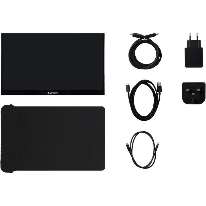 Monitor Portabil Touchscreen LED IPS Verbatim, 15.6'', Full HD (1920x1080), 6ms, HDR, FreeSync, 2x USB-C, HDMI, USB, PMT-15