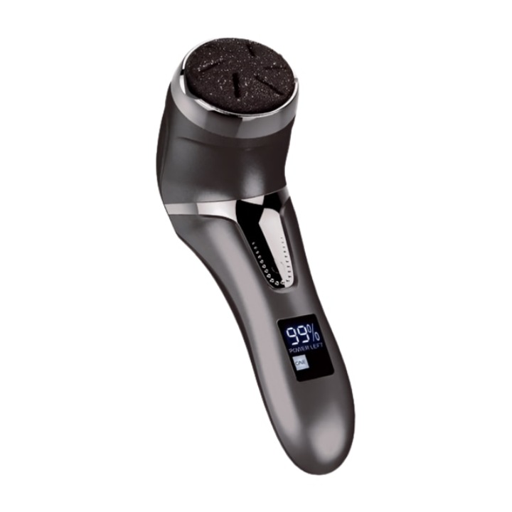 Elektromos reszelő sarok és talp tisztításához és hámlásához, vezeték nélküli, ALC LED digitális kijelzővel, USB töltés, 3 különböző durvaságú görgő, vízálló, 2 sebesség, fekete
