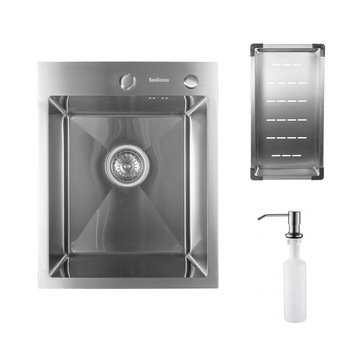 Pachet chiuveta inox SanDonna HD4050 cu scurgator si dozator detergent, handmade, 400x500x230 mm, Crom satin
