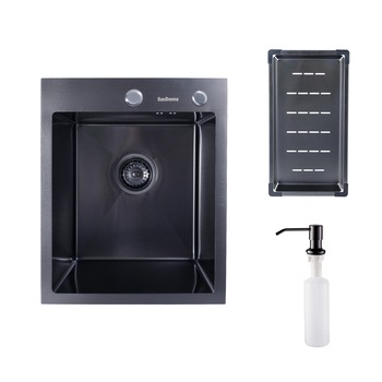 Pachet chiuveta inox SanDonna HD4050 cu scurgator si dozator detergent, handmade, 400x500x230 mm, Negru