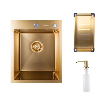 Pachet chiuveta inox SanDonna HD4050 cu scurgator si dozator detergent, handmade, 400x500x230 mm, Auriu