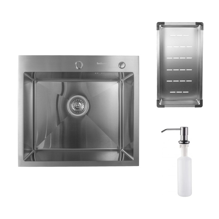 Кухненска мивка SanDonna HD5550, Неръждаема стомана, С отцедник и дозатор за препарат, 550x500x230 мм, Хром/Сатен