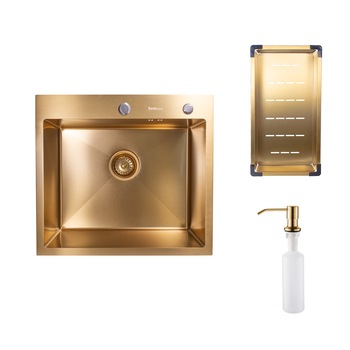 Pachet chiuveta inox SanDonna HD5550 cu scurgator si dozator detergent, handmade 550x500x230 mm, Auriu