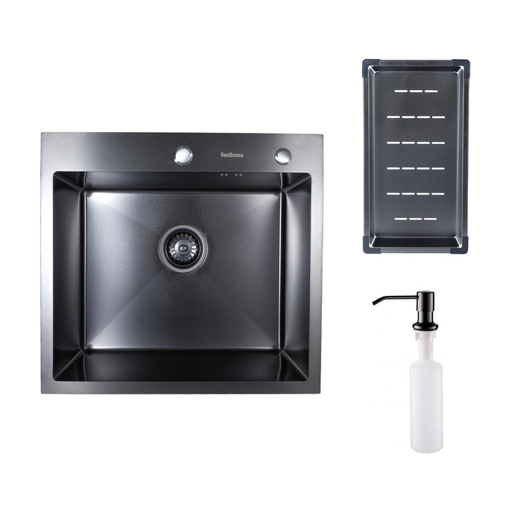 Кухненска мивка SanDonna HD5550, Неръждаема стомана, С отцедник и дозатор за препарат, 550x500x230 мм, Черен