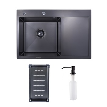 Pachet chiuveta inox SanDonna HD7850 cu scurgator si dozator detergent, handmade, 780x500x230 mm, Negru