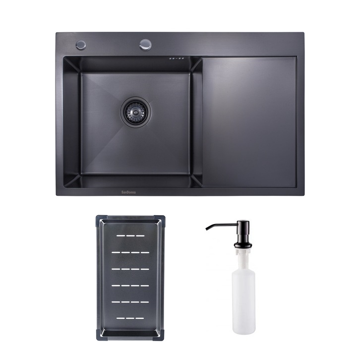 Кухненска мивка SanDonna HD7850, Неръждаема стомана, С отцедник и дозатор за препарат, 780x500x230 мм, Черен