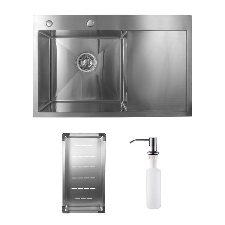 Кухненска мивка SanDonna HD7850, Неръждаема стомана, С отцедник и дозатор за препарат, 780x500x230 мм, Хром/Сатен