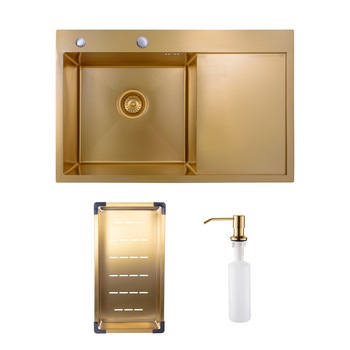Pachet chiuveta inox SanDonna HD7850 cu scurgator si dozator detergent, handmade, 780x500x230 mm, Auriu