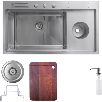 Pachet chiuveta inox SanDonna HD9245 cu dozator detergent, tocator, suport tacamuri, handmade, 920x450x230 mm, Crom satin