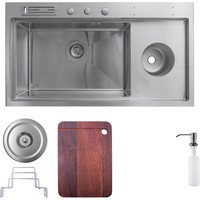 Pachet chiuveta inox SanDonna HD9245 cu dozator detergent, tocator, suport tacamuri, handmade, 920x450x230 mm, Crom satin