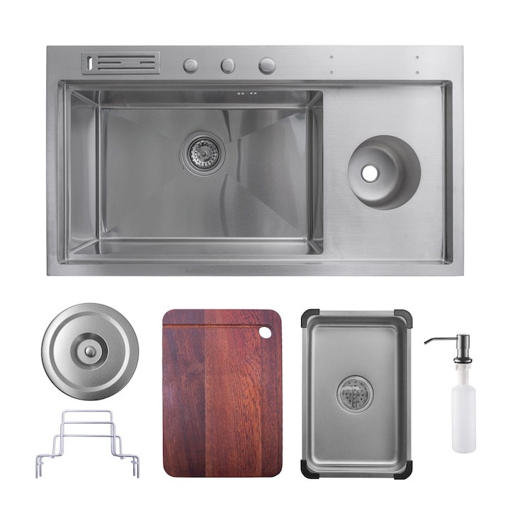 Кухненска мивка SanDonna HD9245, Неръждаема стомана, С дозатор за препарат, Тава за отпадъци, Дъска за рязане, Поставка за прибори, 920x450x230 мм, Хром/Сатен