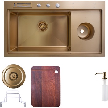 Pachet chiuveta inox SanDonna HD9245 cu dozator detergent, tocator, suport tacamuri, handmade, 920x450x230 mm, Auriu