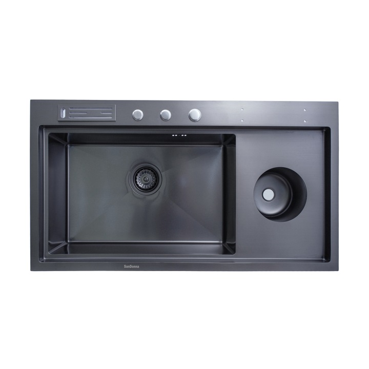 Pachet chiuveta inox SanDonna HD9245 cu dozator detergent, tocator, suport tacamuri, handmade, 920x450x230 mm, Negru