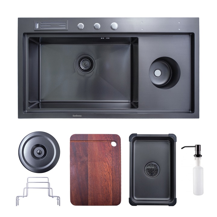 Кухненска мивка SanDonna HD9245 с дозатор за препарат, Чопър, Поставка за прибори, Ръчна изработка, 920x450x230 мм, Черен