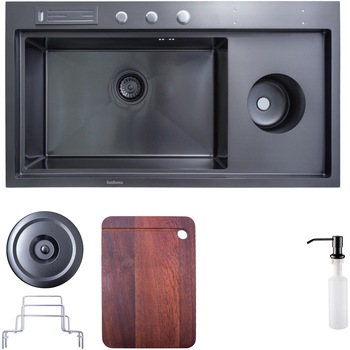 Pachet chiuveta inox SanDonna HD9245 cu dozator detergent, tocator, suport tacamuri, handmade, 920x450x230 mm, Negru