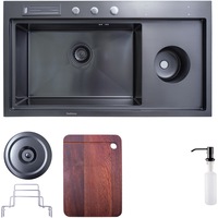 Pachet chiuveta inox SanDonna HD9245 cu dozator detergent, tocator, suport tacamuri, handmade, 920x450x230 mm, Negru