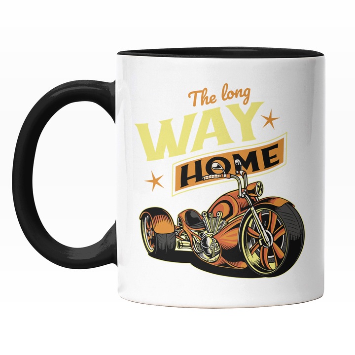 Cana Cu Text In Engleza The Long Way Home, Motocicleta Mare, Motor Puternic, Motocicleta Clasica, Aventura, Multicolor 330 ml, Maner Negru