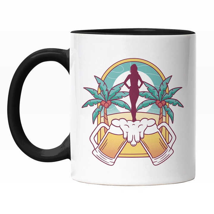 Cana Cu Peisaj Tropical, Silueta Feminina, Halbe De Bere, Vacanta, Palmieri, Plaja 330 ml, Maner Negru