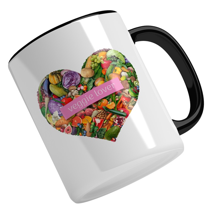 Cana Cu Inima Legume Multicolore, Text In Engleza Veggie Lover, Vegetarian, Eco, Legume, Multicolor 330 ml, Maner Negru