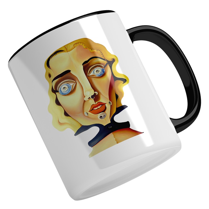 Cana Cu Portret Femeie Cusuta Blonda, Caricatura, Buze Rosii, Tinuta Guler, Multicolor 330 ml, Maner Negru