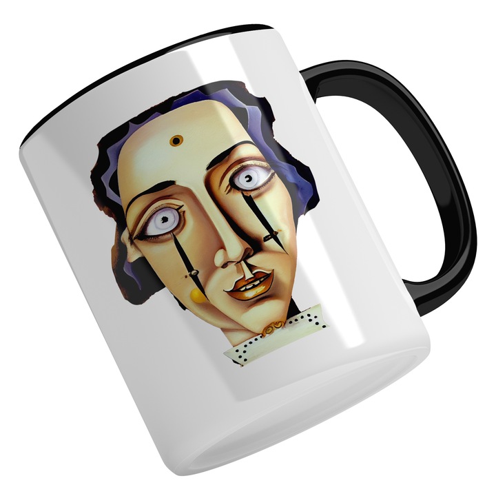 Cana Cu Portret Femeie Plangand, Caricatura, Lacrimi Negre, Par Mov, Multicolor 330 ml, Maner Negru