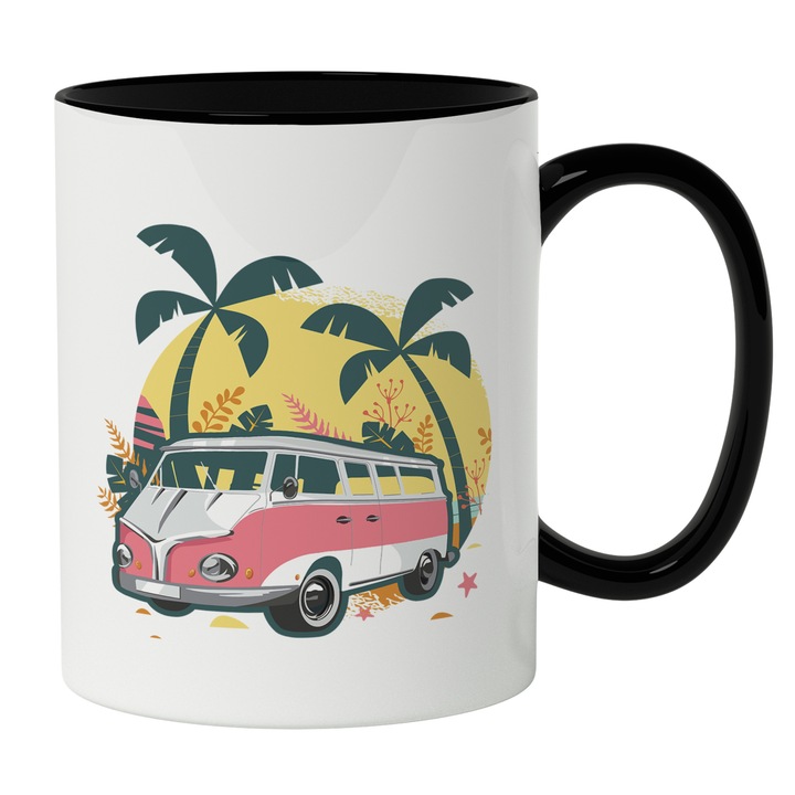 Cana Cu Rulota In Apus De Soare, Copaci Tropicali, Vara, Vacanta, Aventura, Dezvoltare Personala, Multicolor 330 ml, Maner Negru