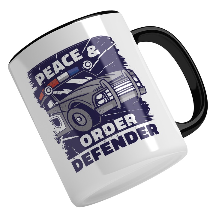 Cana Cu Text In Engleza Peace & Order Defender, Masina De Politie, Siguranta Si Incredere, Multicolor 330 ml, Maner Negru