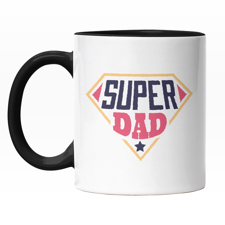 Cana Cu Text In Engleza Super Dad, Emblema Superman, Viitor Tatic, Familie, Tata Super Erou, Multicolor 330 ml, Maner Negru
