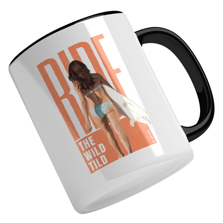 Cana Cu Fata Bruneta In Costum De Baie, Text In Engleza Ride The Wild Tild, Plaja, Multicolor 330 ml, Maner Negru