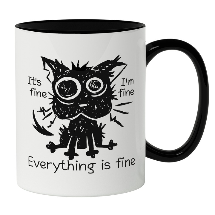 Cana Cu Text It's Fine I'm Fine, Pisica Neagra Electrocutata, Pisici Si Motani, Multicolor 330 ml, Maner Negru