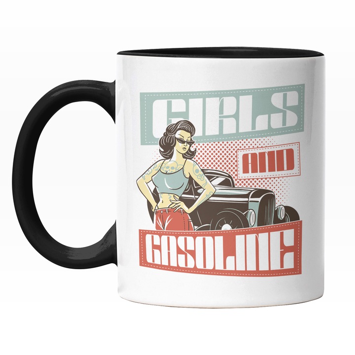 Cana Cu Fata Cu Tatuaje Ochelari De soare, Masina Vintige Clasica, Text In Engleza Girls Gasoline, Masini Sport, Multicolor 330 ml, Maner Negru