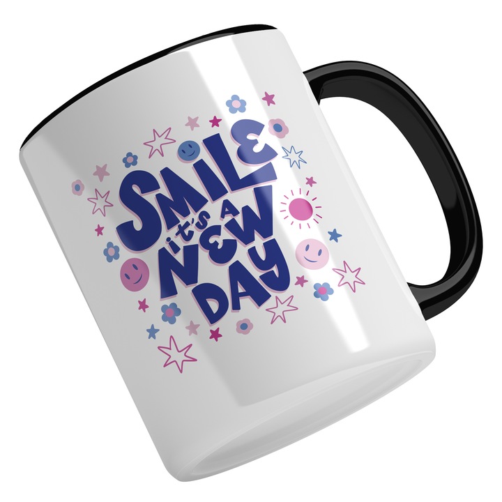 Cana Cu Text Motivational In Engleza Smile It's a New Day, Smiley Faces, Fericire, Be Happy, Albastru 330 ml, Maner Negru