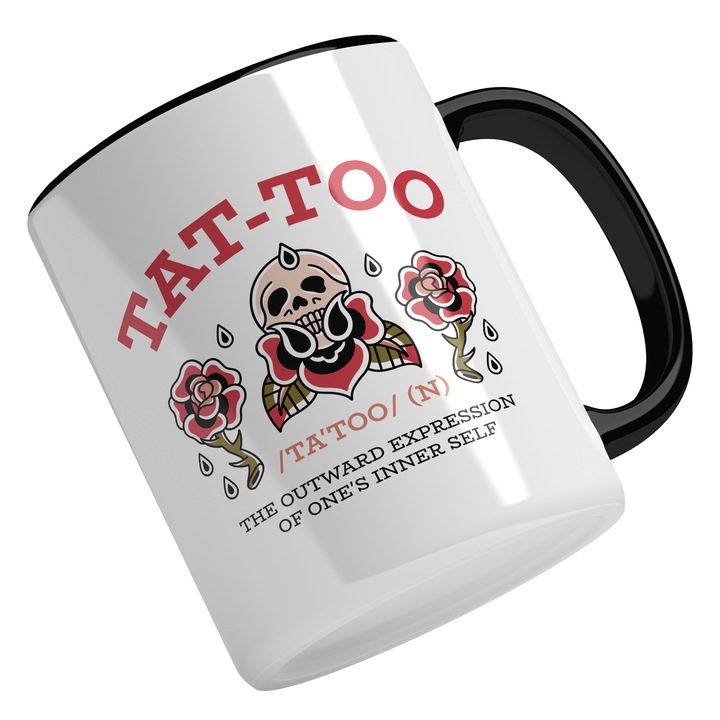 Cana Cu Aparat De Tatuaje Text The ouward Expression Of One's Inner Self, Craniu, Arta, Exprimare, Alb Negru 330 ml, Maner Negru