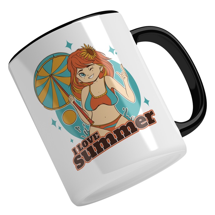 Cana Cu Silueta Feminina In Costu De Baie Cu Umbrela De Soare, Text In Engleza I Love Summer, Vacanta, Palmieri, Plaja 330 ml, Maner Negru