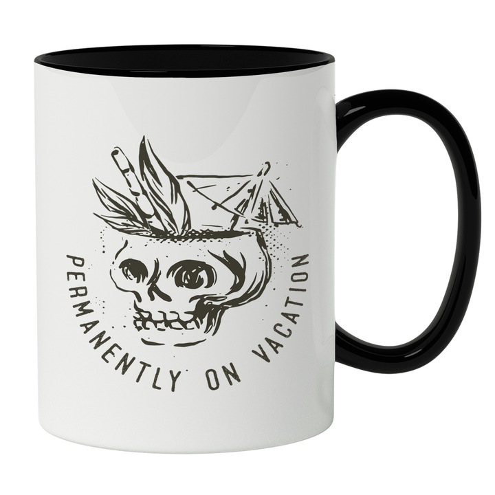 Cana Cu Text In Engleza Permanently On Vacantion, Craniu Ca Phar De racoritoare, Vacanta, Palmieri, Negru 330 ml, Maner Negru