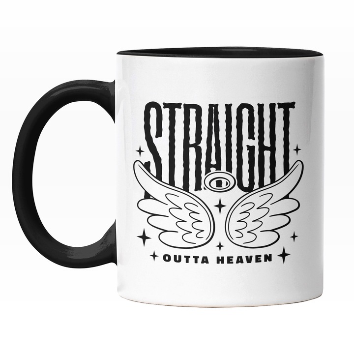 Cana Cu Straight Outta Heaven, Text In Engleza, Aripi De Ingeri Si Coroana, Alb Negru 330 ml, Maner Negru