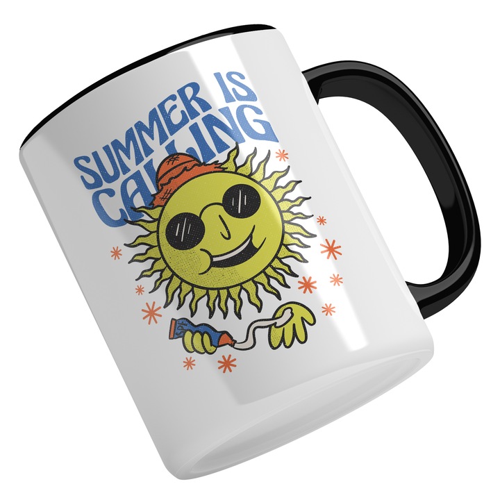 Cana Cu Text In Engleza Summer Is Calling, Soare Cu Ochelari Si Palarie De Baie Dandu-se Cu Crema Cu Protecrie Solara, Vacanta, Palmieri, Multicolor 330 ml, Maner Negru