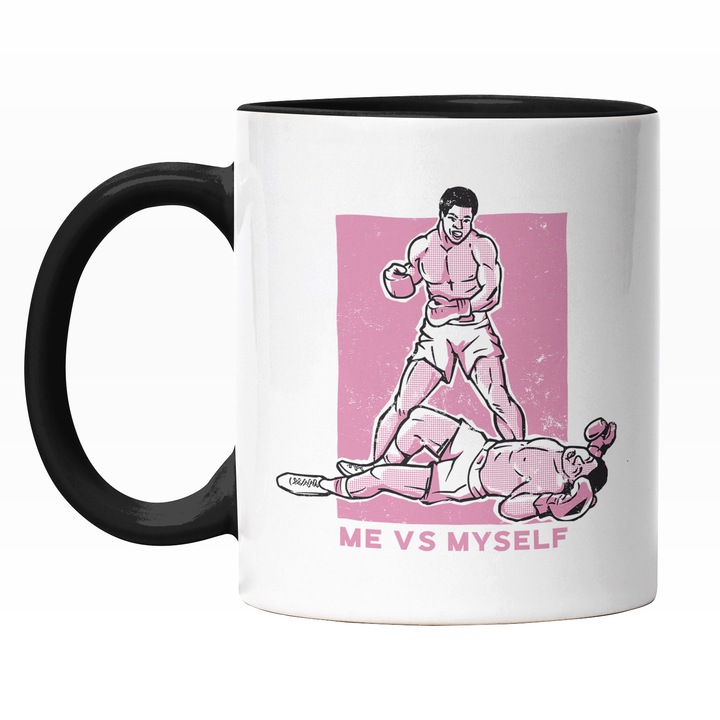 Cana Cu Text In Engleza Me Vs Myself, Luptatori In Ring, Box, Sport De Contact Multicolor 330 ml, Maner Negru