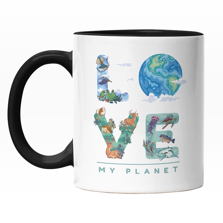 Cana Cu Text In Engleza Love My Planet, Pamntul Pe Moarte, Incalzirea Globala, Poluare, Multicolor 330 ml, Maner Negru