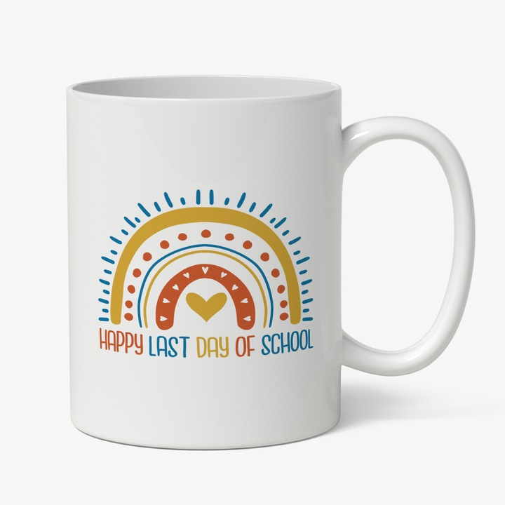 Cana Cu Text In Engleza Happy Last Day Of School, Curcubeu, Inima Rosie, Multicolor 330 ml, Maner Alb