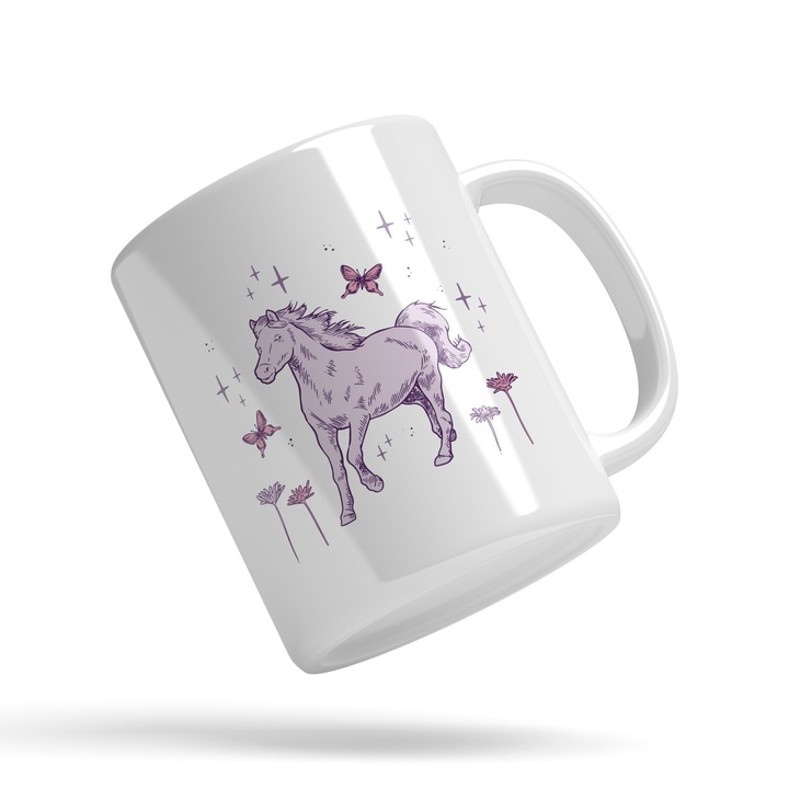 Cana Cu Cal Pe Pajiste, Univers Roz, Fluturi Zburand, Copii, Desene Animate, 330 ml, Maner Alb