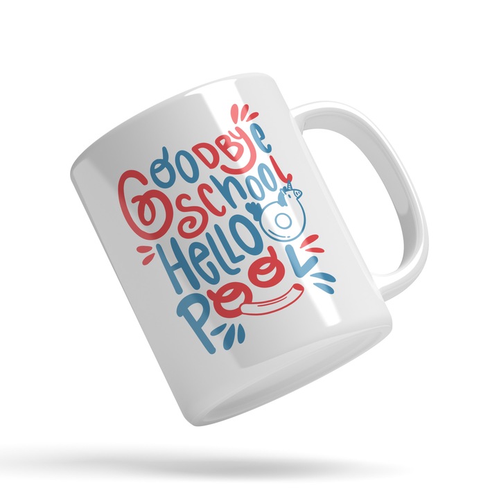 Cana Cu Text Rosu Albastru Goodbye School Hello Pool, Vacanta, Sfarsit An Scolar, Vacanta, 330 ml, Maner Alb