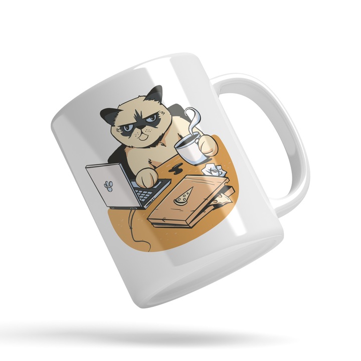 Cana Cu Pisica Work From Home, Motan Cu Ceasca De Cafea Fierbinte, Laptop, Cutie Pizza, Animale Blanoase, Desene Animate, 330 ml, Maner Alb