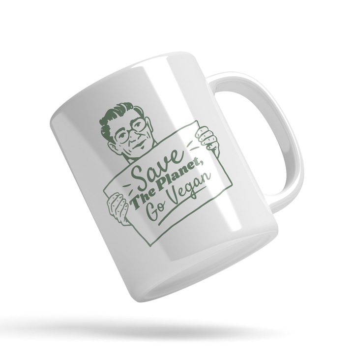 Cana Cu Om Cu Pancarda, Text in Engleza Save The planet Go Vegan, Poluare, Mediu Ecologic, 330 ml, Maner Alb2