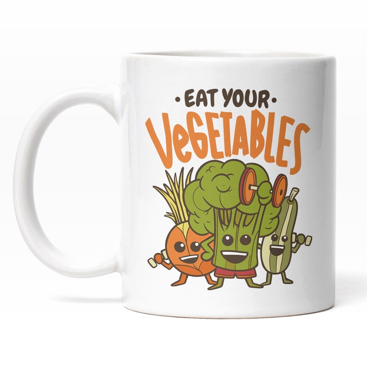 Cana motivanta pentru un stil de viata sanatos, cu text in engleza 'Eat Your Vegetables', design cu legume tragand de fiare si ridicare de gantere, multicolora, capacitate 330 ml si maner alb