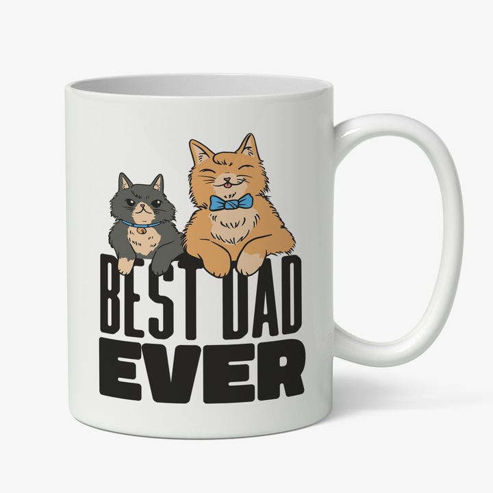 Cana Cu Motani Negru Portocaliu Cu Papion Albastru Zambind La Camera, Text in Engleza Best Dad Ever, Animale Blanoase, Pisici, 330 ml, Maner Alb